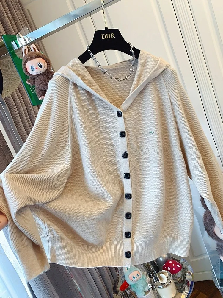 

Loose Fit Korean Style Lazy Hat Knitted Sweater Women's Autumn Winter Open Cardigan Coat Trendy Button Detailing Casual Wear