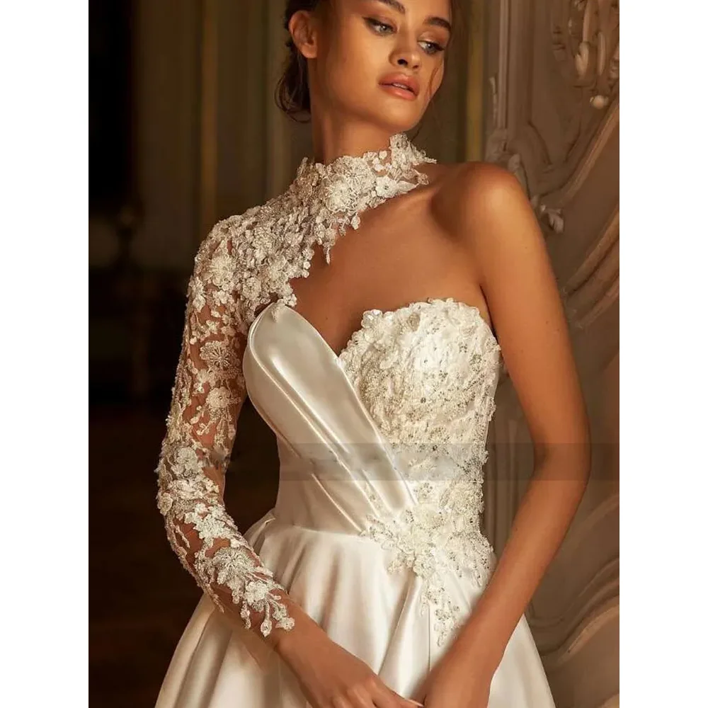 Fashion Appliques Wedding Dresses Elegant High Collar One-Shoulder A-Line Gowns Luxury Beads Sequined Court Train Bridal Dresses