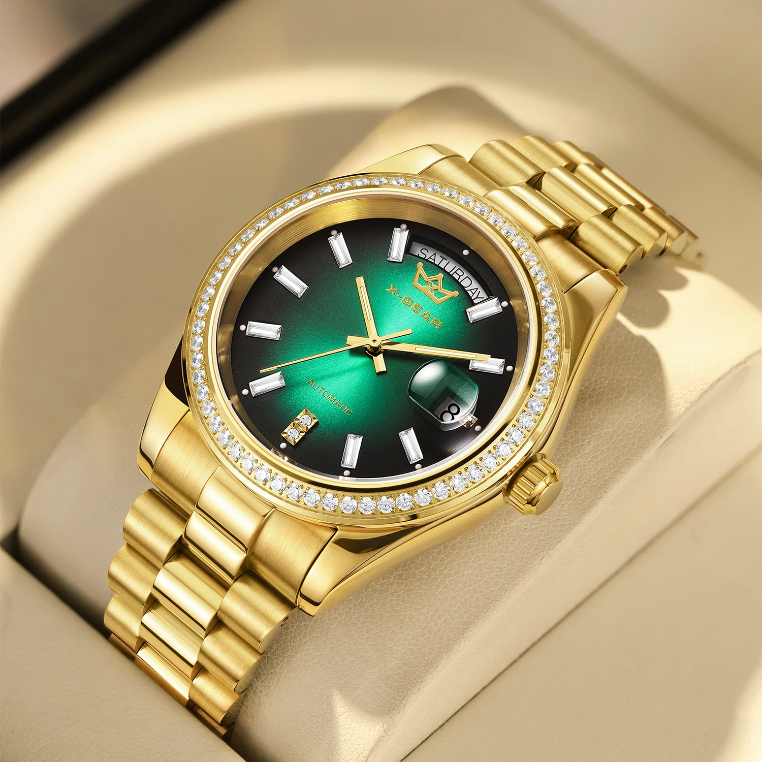 

Men's Luxury Mechanical Watch Diamond Studded Bezel Luminous Date & Week Display Stainless Steel Case And Strap