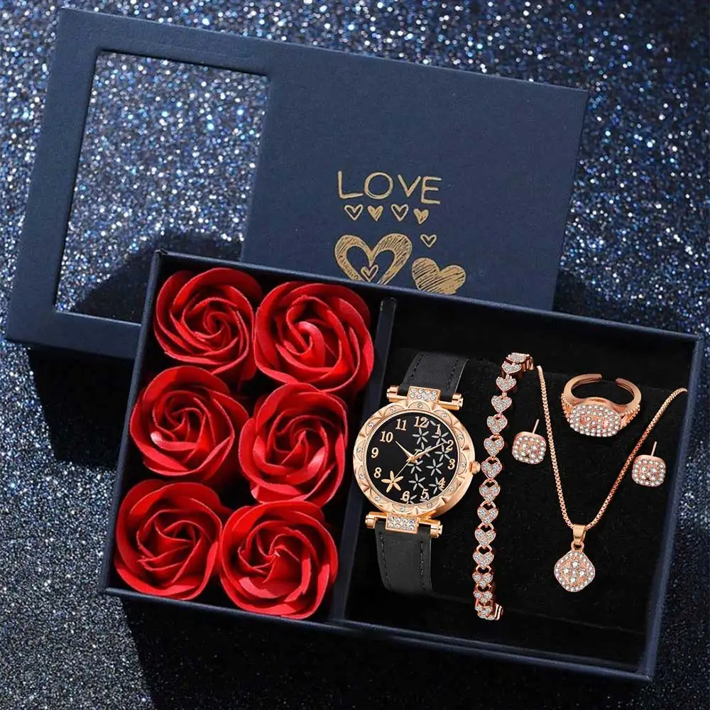 

6 шт., черный ремешок из искусственной кожи, женский комплект часов, модный тренд, кварцевые часы, браслет, ожерелье, серьги, кольцо, идеальный подарочный набор для часов