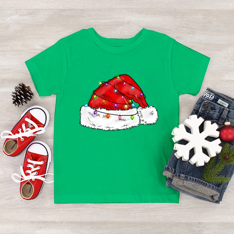 Kids T Shirt Funny Christmas Hat Shirt Autumn Cartoon Style Graphic Tops Short Sleeve Wild Xmas Holidays Children's Clothing