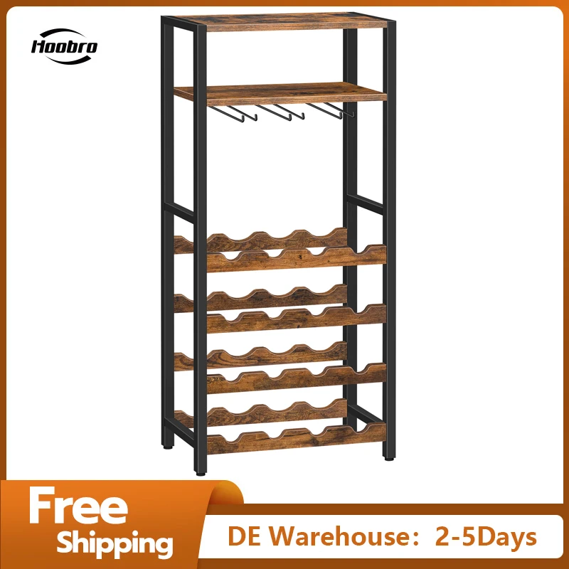 Portabottiglie per portabottiglie HOOBRO per 16 bottiglie di vino Portabottiglie autoportante con piano da tavolo e portabicchiere per bar da cucina