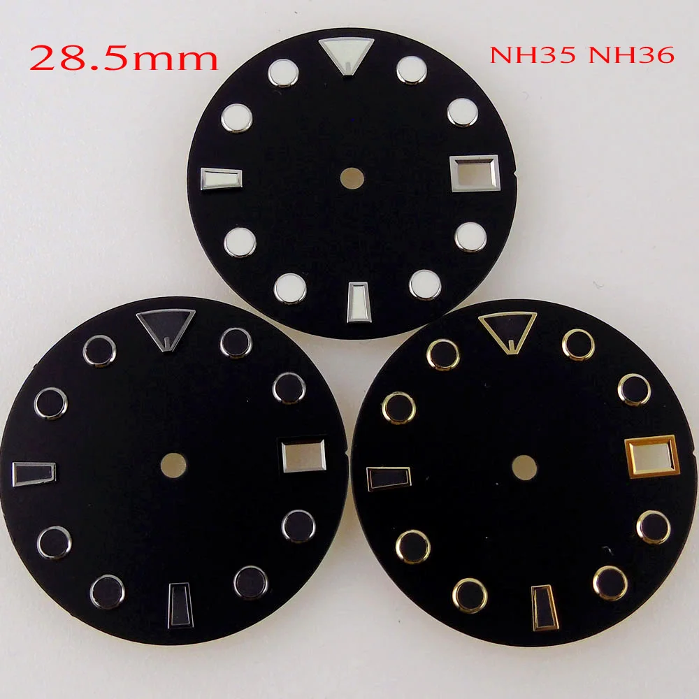 28.5mm Black Sterile Watch Dial Face for NH35 NNH36 NH37 NH38 NH39 Gold Edge Index SKX Diver Mod Replacement Part