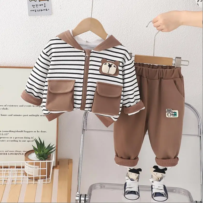 

Korean Style Tracksuits for Boys Kids Clothes Striped Zipper Bear Hooded Jackets And Pants Two Piece Outfits Children Clothing