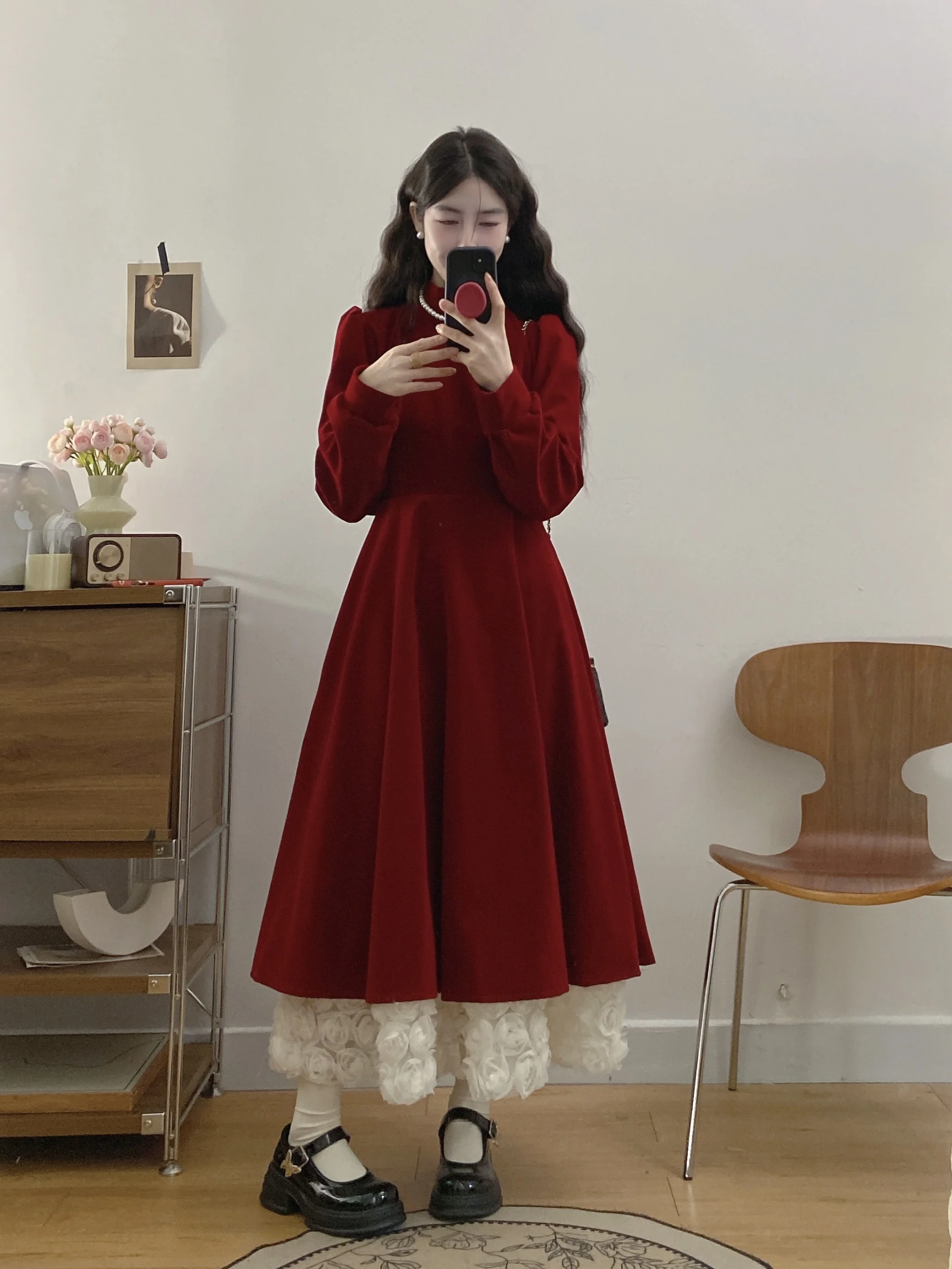 Vestido de veludo vermelho mangas compridas fino ajuste cintura cinching em camadas plissados saia linha a elegante temperamento festa vestidos de noite