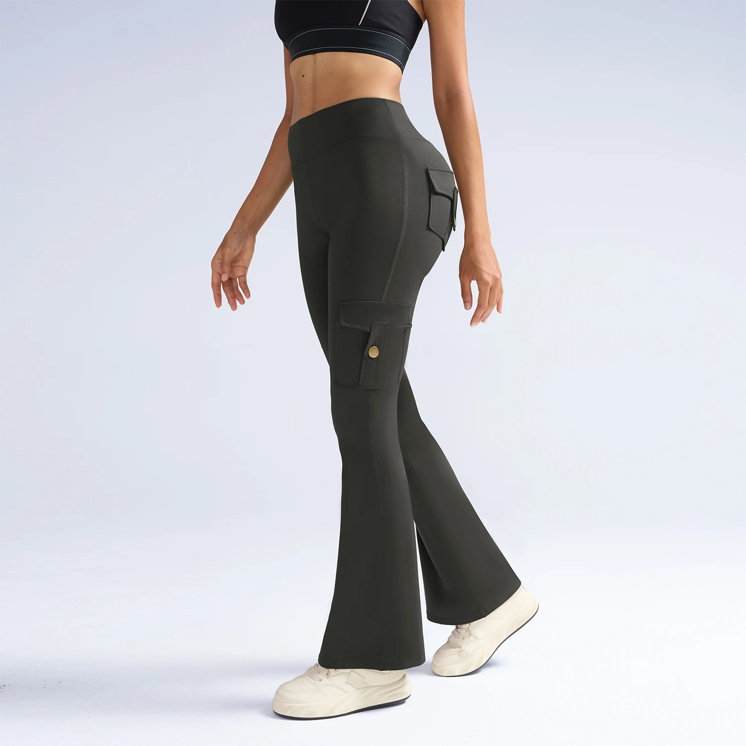 جيب مضيئة طماق للنساء عالية الخصر Bootcut جرس قيعان البطن التحكم اليوغا السراويل موضة الرياضة واسعة الساق طماق