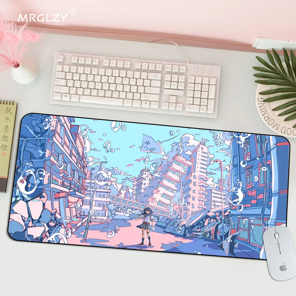 Anime Boys City Mouse Mats Clouds Cityscape Play Mats Kawaii Office Deco Keyboard Mat Gaming Accessories Setup Anti-slip Carpet