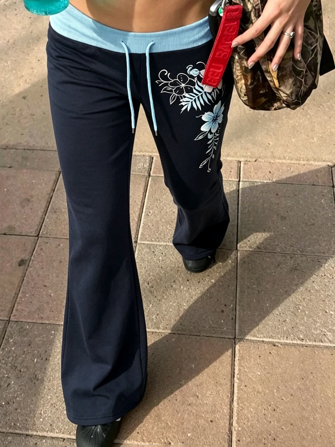 Low Waist Floral Print Bell Bottom Sweatpants American Retro Color Block Dragging Floor Hot Girl Pants Casual Plant Pattern