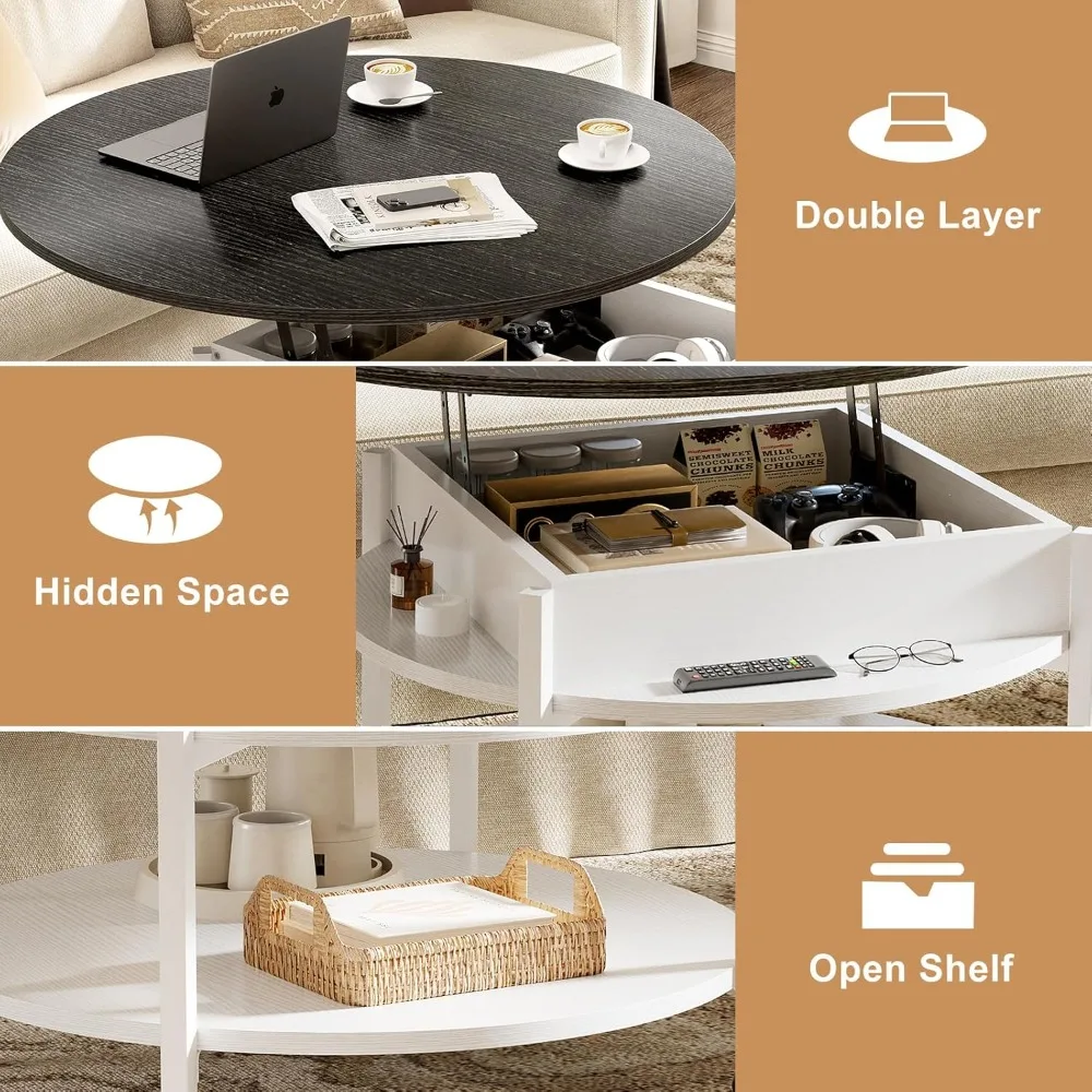 Round Lift Top Coffee Table with Wheels, Circle Center Table with Storage and Compartment, 26.77’’ Rolling Coffee Tables
