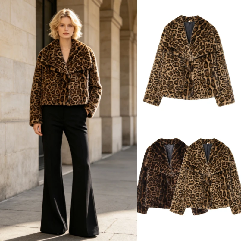 Women's Jacket 2026 New Winter European Fashion Leopard Print Turn-Down Collar Warm Street-Style Faux Fur Trendy Chic Coat