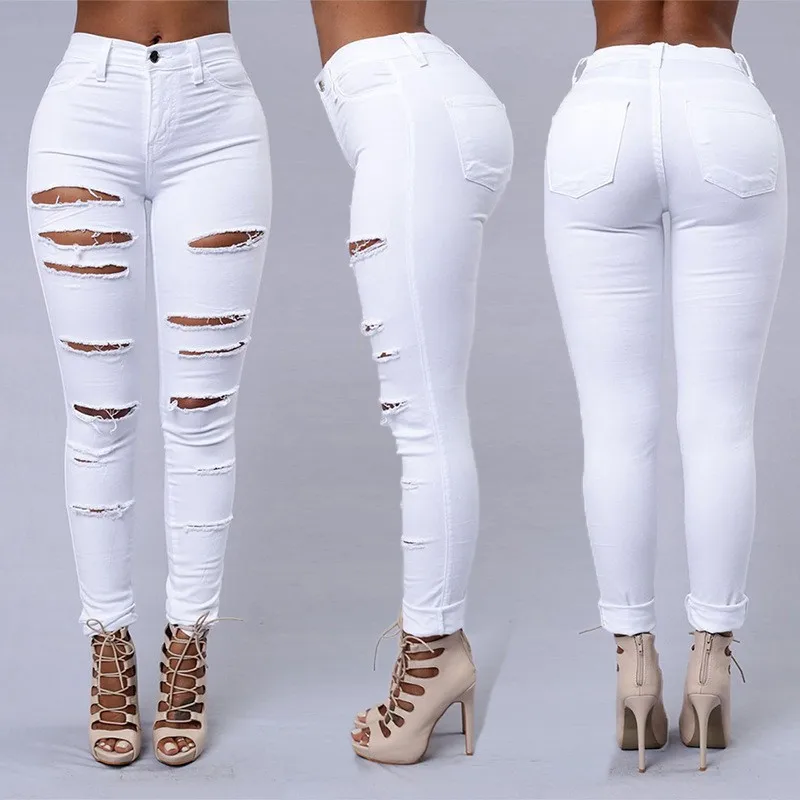 Women's Black High Waist Jeans Distressed Cotton Denim Pants Ripped Five Pocket White Cuffed Hem Slim Fit Jeans