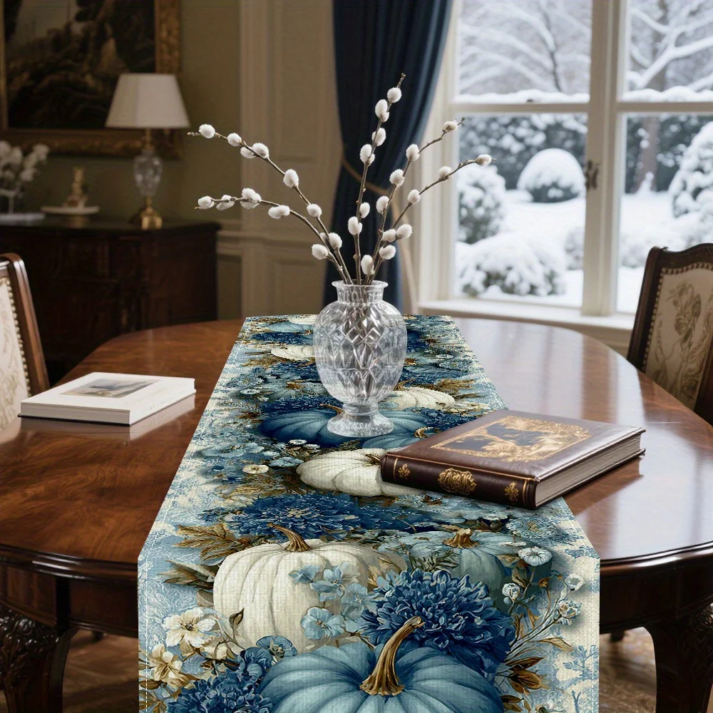 1 Piece of Pastoral Style Pumpkin Floral Theme Table Runner, Blue and White Pumpkin with Floral Pattern, Suitable for Autumn Pastoral Parties, Retro Style Cafe Decoration, Harvest Season Home Decoration, Floral Enthusiasts' Gatherings, Cultural and Creative Store Displays, Thanksgiving Decorations, and Country-Style B&B Decorations