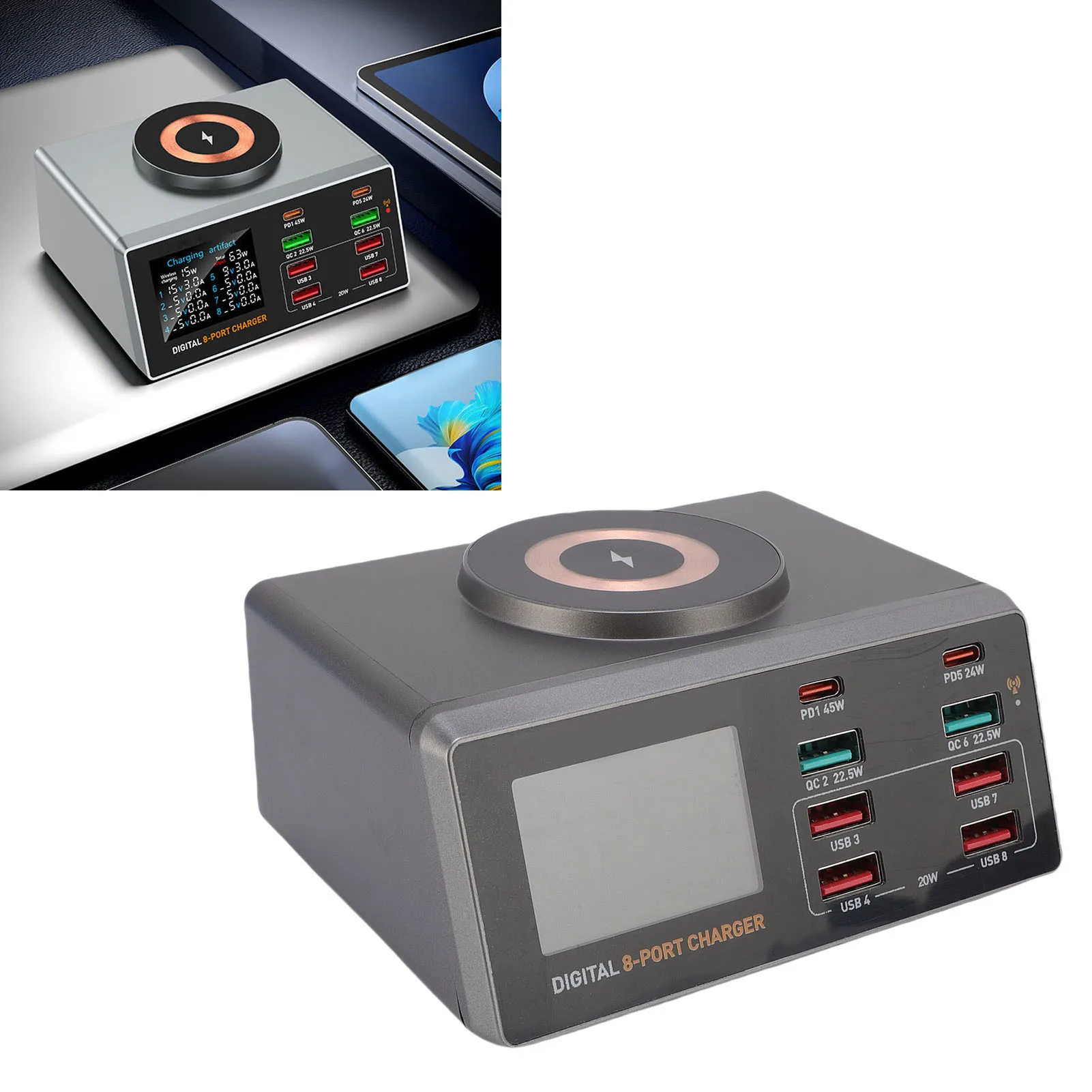 

USB-зарядная станция, 8-портовый дисплей в реальном времени, цифровой экран, USB-концентратор с беспроводной связью 15 Вт для телефона, планшета, ноутбука