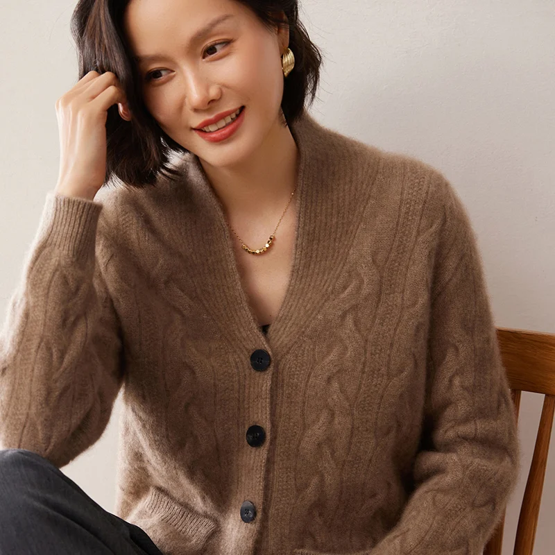 100% cashmere autumn and winter new women's cardigan cashmere V-neck twist flower shirt solid color knitted warm sweater coat.