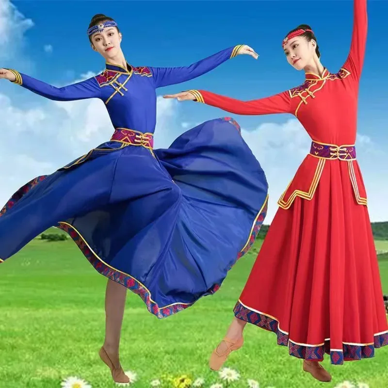 

New Ladies Mongolian Top Bowl Dance Performance Costume Female Red Dress Stage Performance Clothing Blue Mongolian Dress