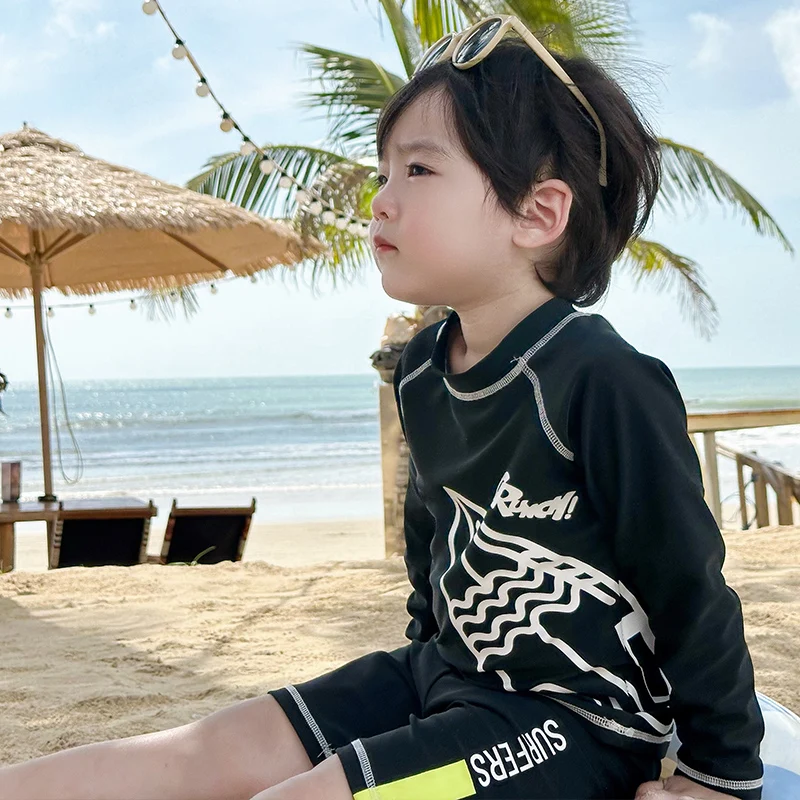 Set Baju Renang Anak Laki-laki Kemeja Lengan Panjang dengan Celana Renang Baju Mandi Set Renang Anak Balita Laki-laki Pelindung Ruam Pakaian Renang Ukuran 2-9Y