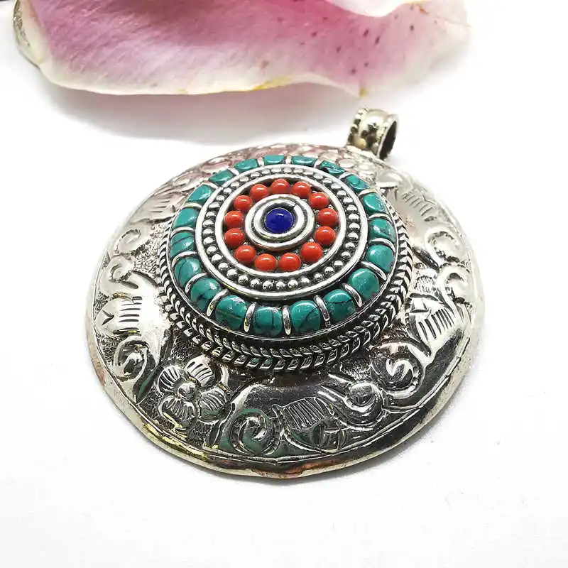 TBP215 Tibetan Jewelry Nepal Vintage Pendant Copper Inlay Colorful Stone Big Round Pendants