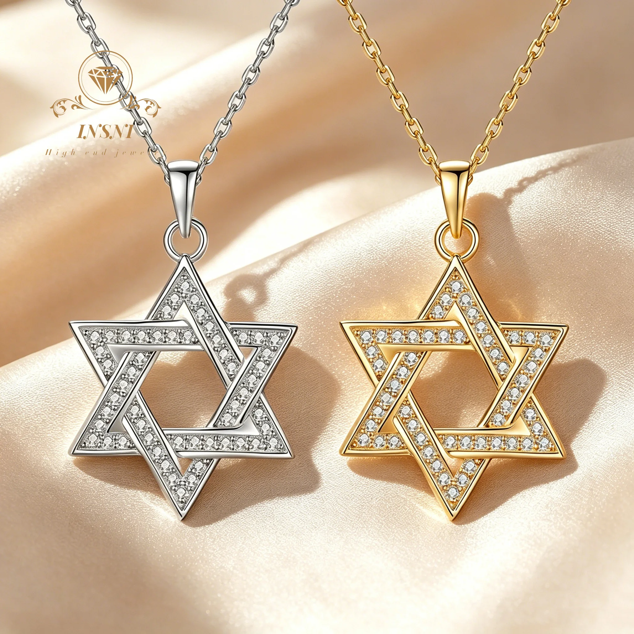 

S925 Sterling Silver Full Diamond Hexagram Pendant Necklace David Star Pendant Light Luxury Hip Hop Couple Collarbone Chain Gift
