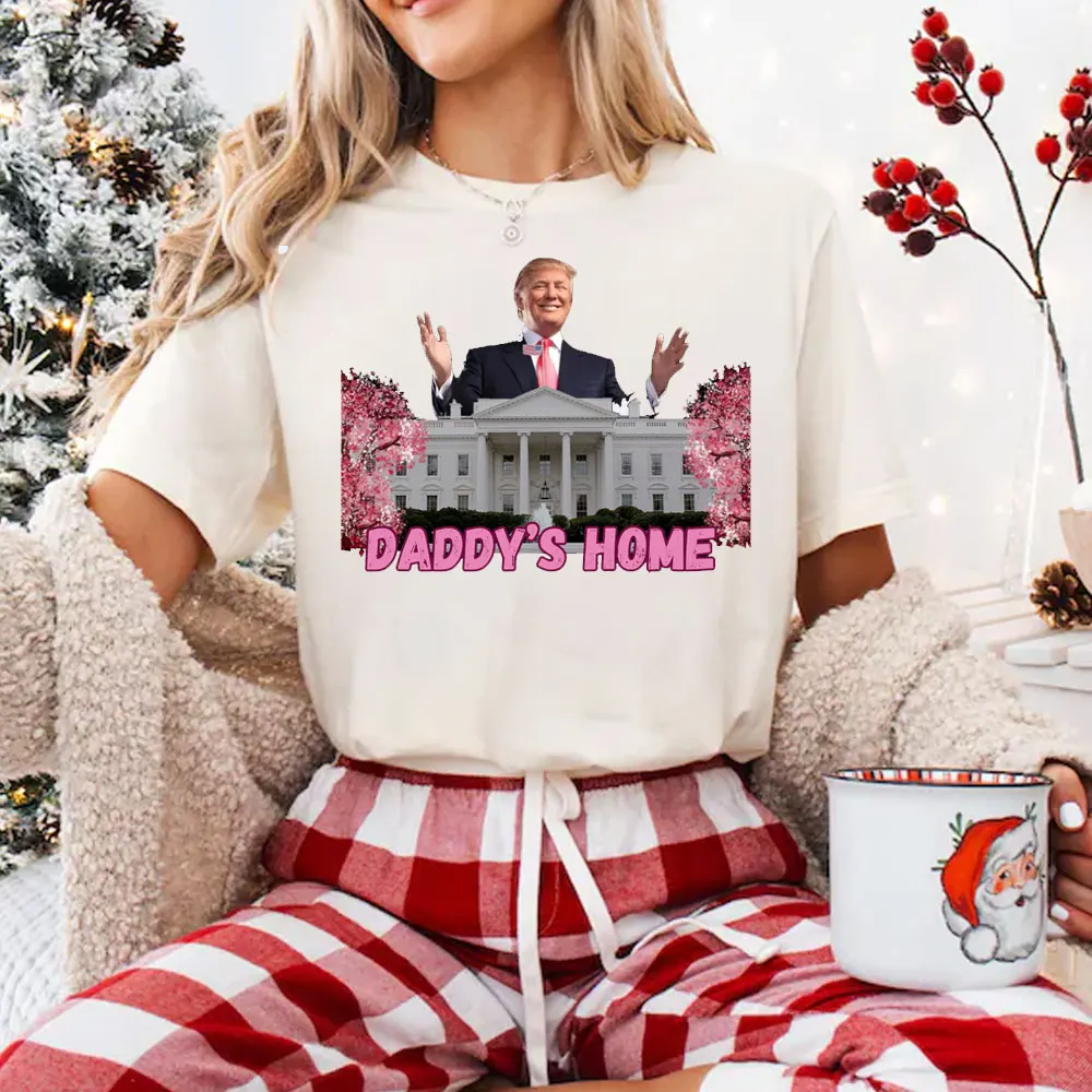 2024 Donald Trump Daddy's Home Print Shirts Santa Hat Autumn Graphic T Shirts Unisex Tees Trump Make Christmas Cotton Streetwear