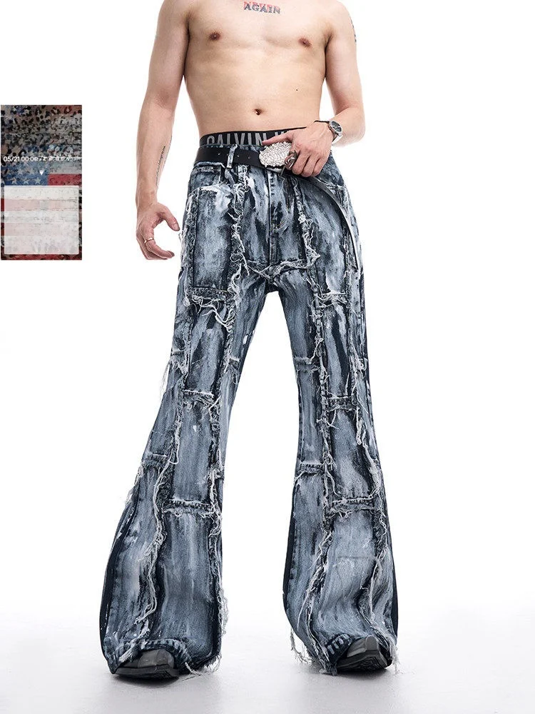 

Start Exceed End Men's Distressed Frayed Hem Flared Jeans mid High Waist Youthful Style Wear Resistant Dark Style Autumn Jeans