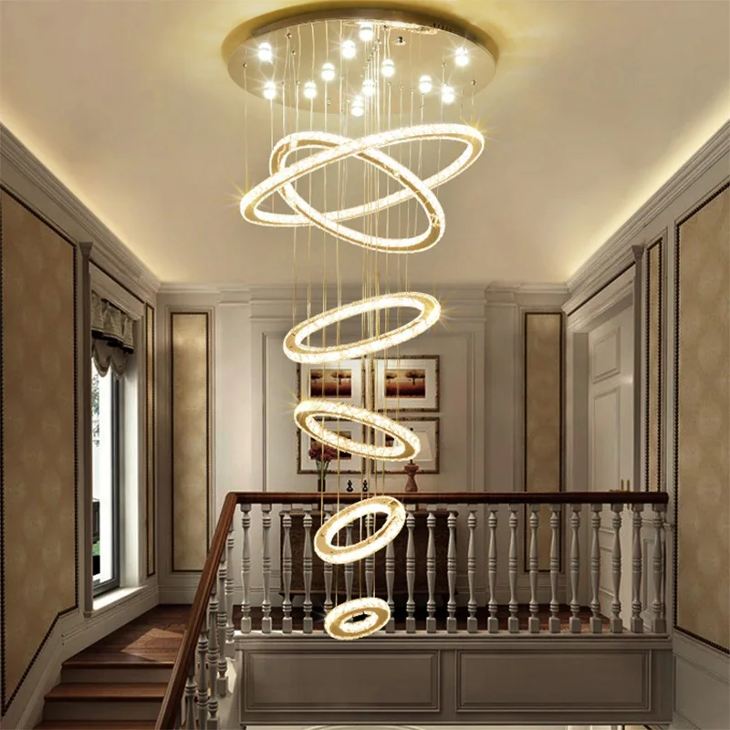 Living Room Large Pendant Lamp, Villa Luxurious Crystal Lamp, Stainless Steel Spotlight, Duplex Building Circular Pendant Lamp