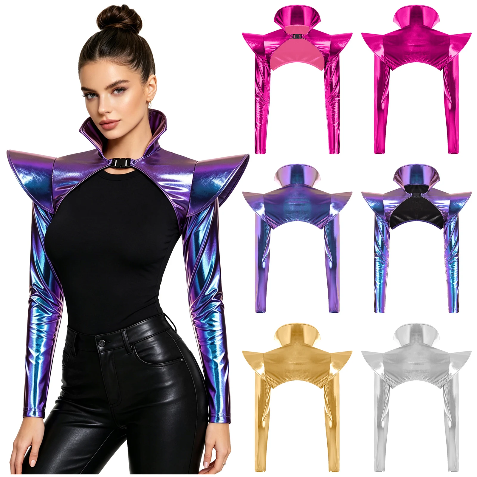 

Womens Metallic Shrug Jacket Armor Crop Top Long Sleeves Structured Epaulets Open Front with Buckle Pauldron Gothic Clubwear