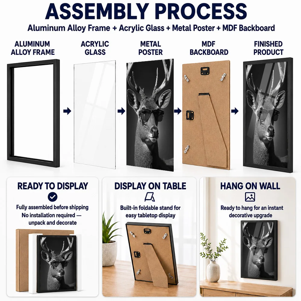 Deer Wearing Sunglasses Portrait Metal Poster With Aluminum Alloy Frame Personalized Nature Tribute Wall Art For Room Pet Owners