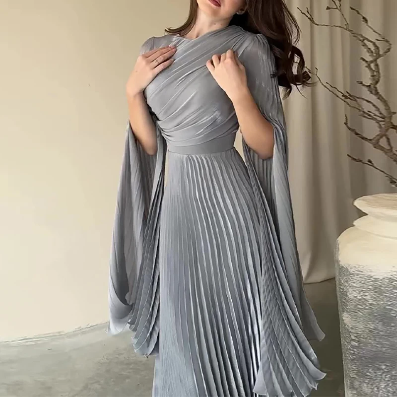 2024 Autumn Women's O-neck Long Sleeve Party Dress Elegant Solid Color Pleated Robe Dress Fashion High Waist Slim Evening Dress