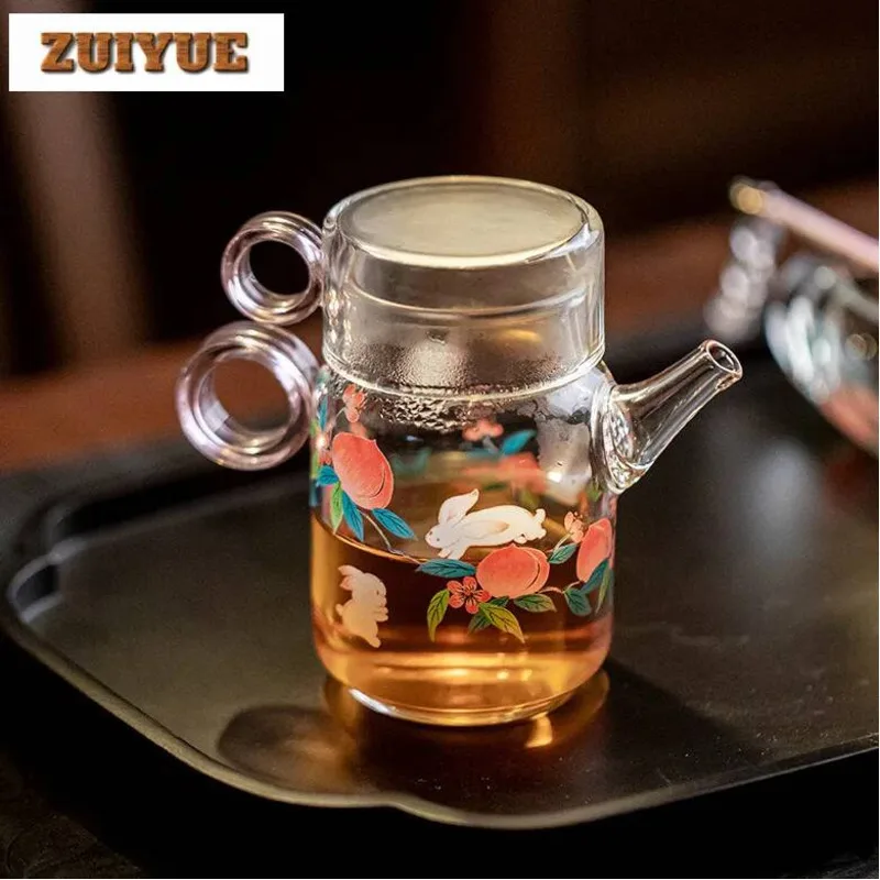 

120ml High Borosilicate Glass Rabbit Longevity Peach Ring Teapot Zen Tea Infuser Pot Tea Maker Kettle With Strainer Tea Items