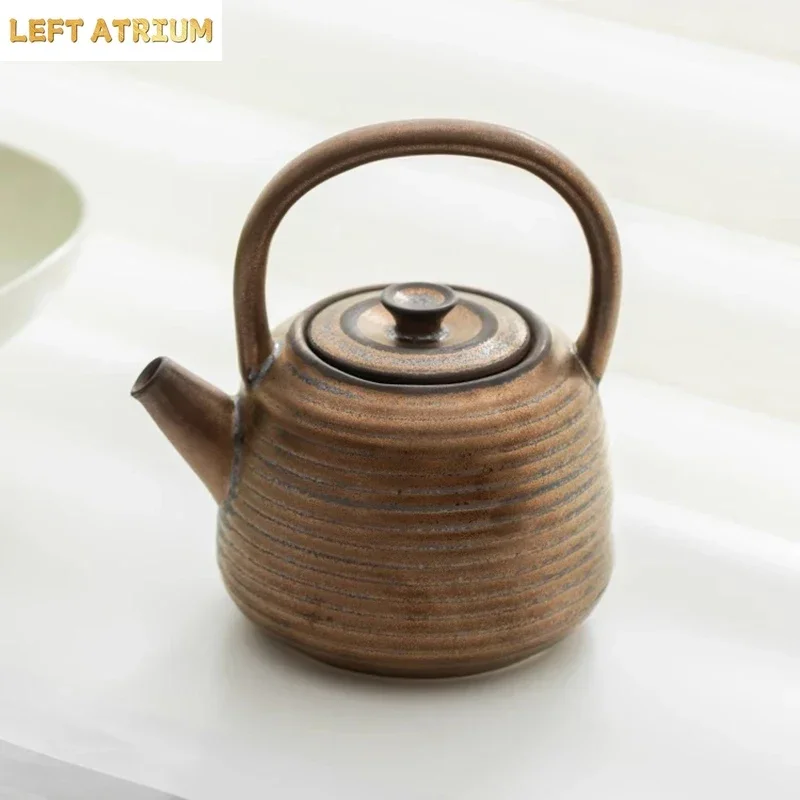Retro Ceramic Horizontal Stripes Teapot Coffee Table Rust Glaze Tea Maker Kettle Household Creative Tea Making Tool Tea Set