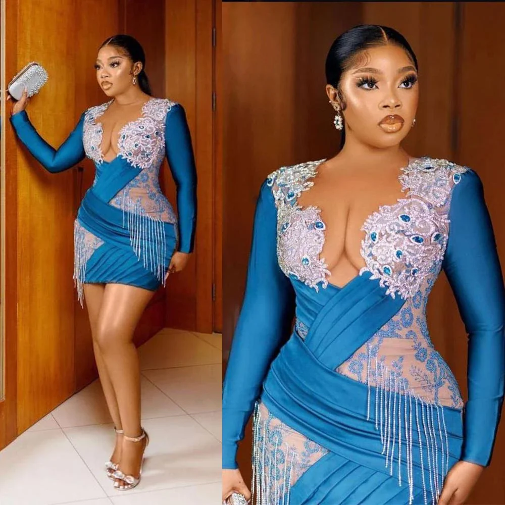 

African Plus Size Short Cocktail Dress With Beading Tassel Crystal Long Sleeve Shprt Party Dress