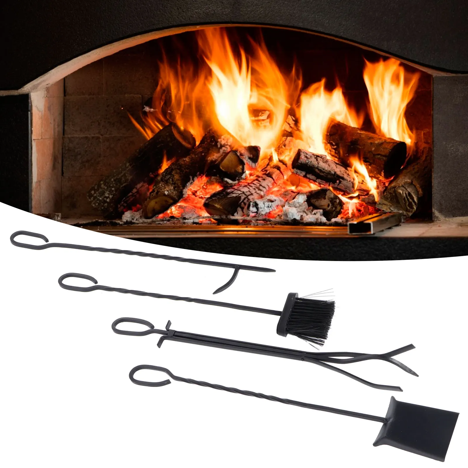 5Pcs/Set Fireplace Tools Kit Wrought Iron Brush Shovel Tong Poker with Storage Stand Accessory