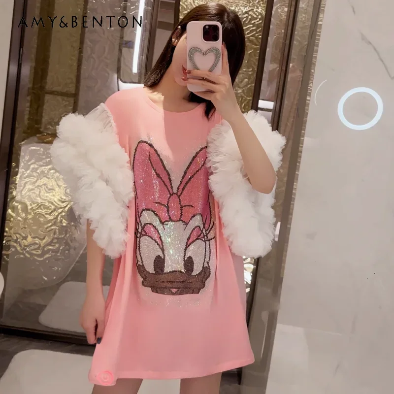  Thai Rhinestone Cartoon T-shirt Heavy Industry Net Yarn Stitching Loose Mid-Length Tshirt Dress Women's Y2k Clothes