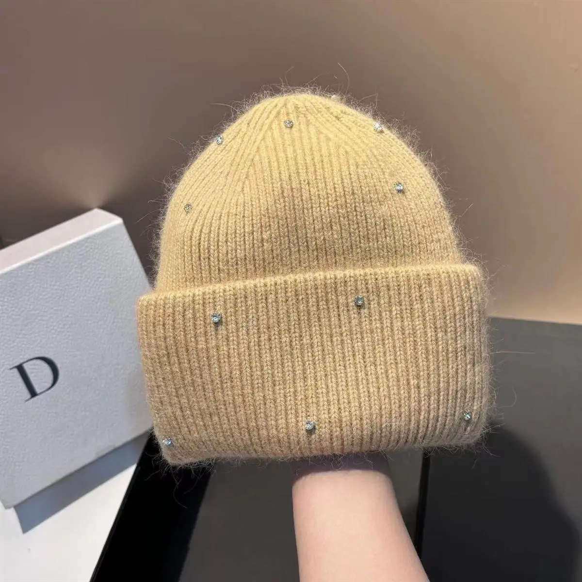 1 Stück Neue Winter-Strickmütze mit Strass, Modische und Warme Kaninchenfell-Ohrenschutzmütze, Doppelt Gefaltete Mütze – Detail 9