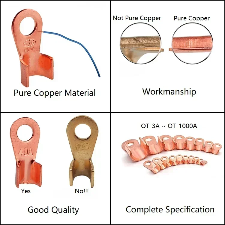 OT Type 3A 5A 10A 20A 30A 40A 50A 60A 80A Wire Terminal Red Copper Bare Nose Lugs Crimp Open Mouth Cable Connector Splice