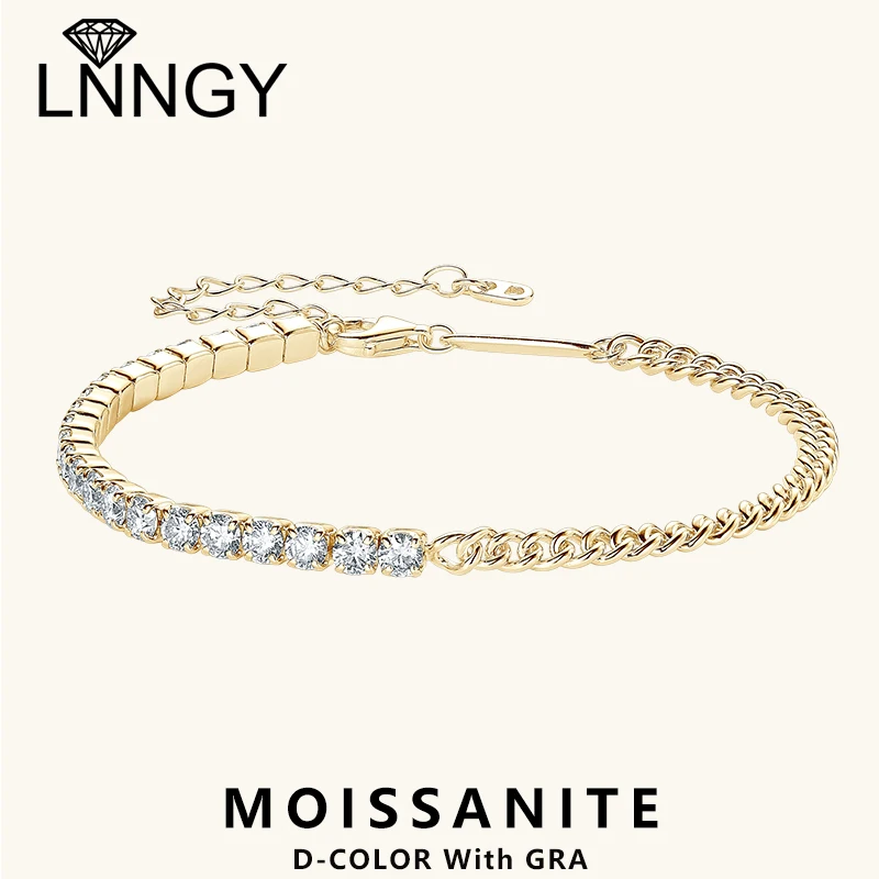 

Lnngy 3mm Moissanite Tennis Bracelet 925 Sterling Silver Adjustable Cuban Chain Bracelets For Women Vintage Hand Jewerly Gift