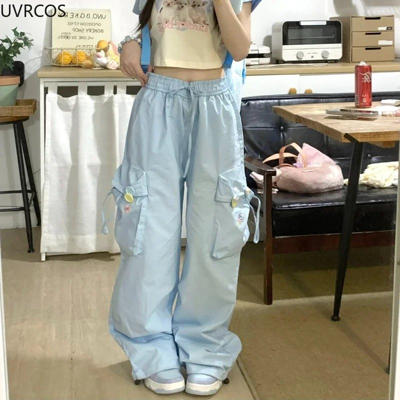 Pink Blue Japan Kawaii Casual Pants Women Sweet Flower Embroidery Buttons Pocket Sweatpants Korean Style Cute Wide Leg Trousers