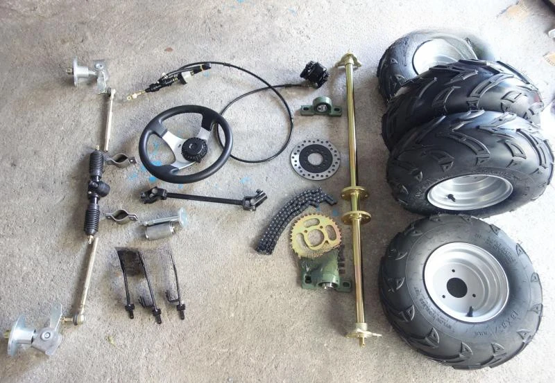 Self made four wheel electric motorcycle go kart accessories, rear axle 1 meter, rear axle 7 inch wheels, steering gear