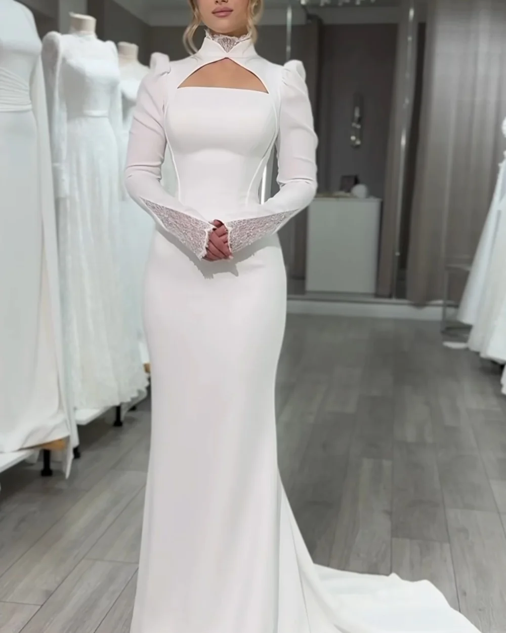 

Customized Simple Jersey Lace Ruched Straight High Collar Long Dresses Bespoke Occasion Dresses Fashion Elegant Sizes Available