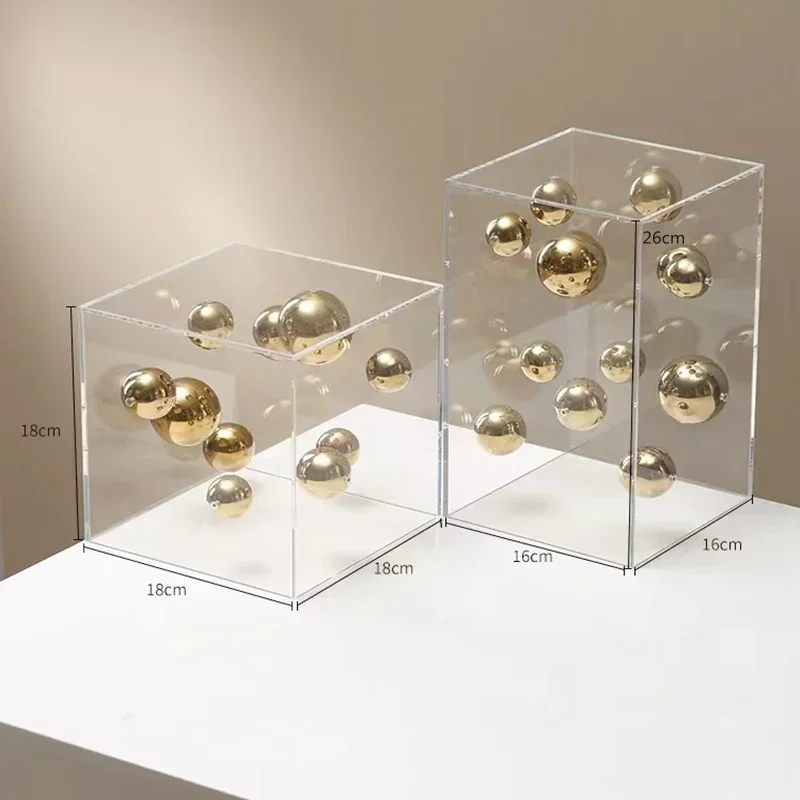 Abstract Art Metal Ball, Square Transparent Acrylic Container Box, Desktop Decoration Model, Home Decoration Crafts, Gifts