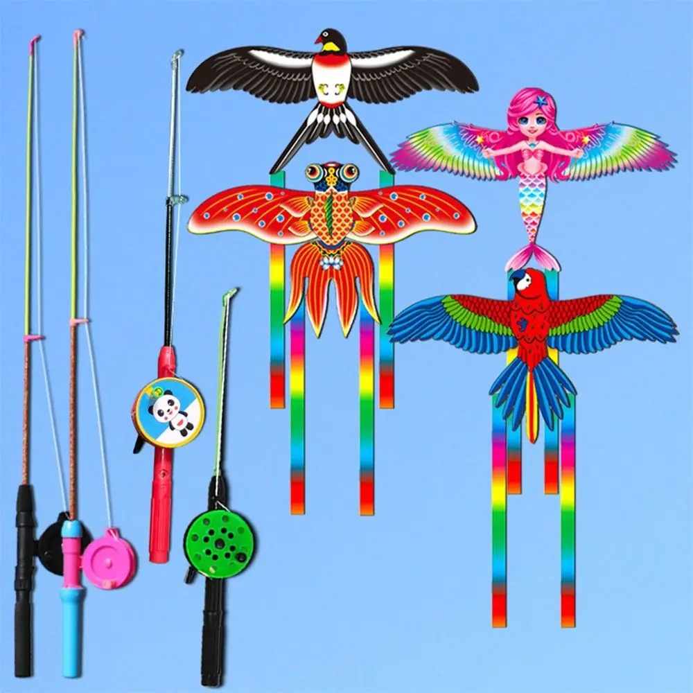 Dynamic Kites for Kids Adult Fishing Rod Dynamic Wing Long Tail Kites Flying Toy for Beginners Lightweight Easy Control Kite Toy