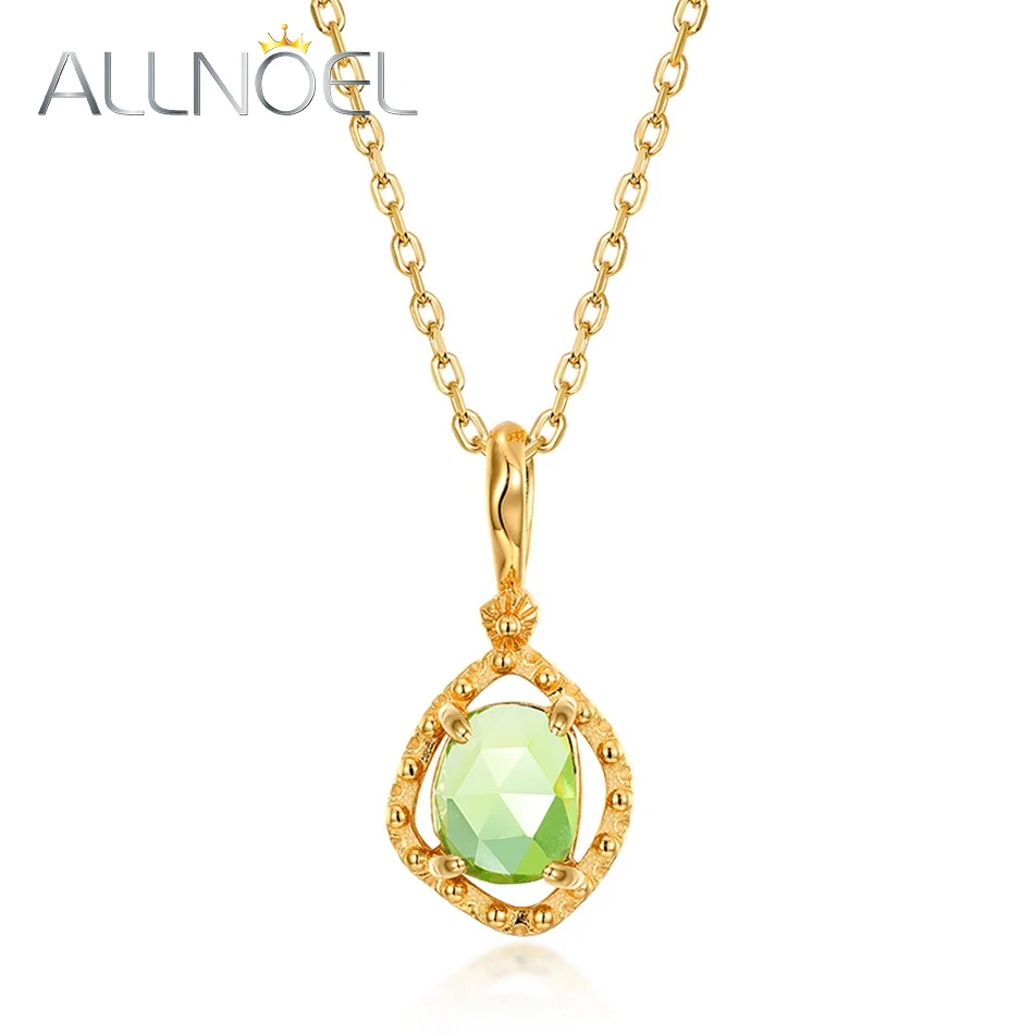 ALLNOEL Natural Peridot Solid 925 Sterling Silver Pendant For Women Exquisite Vintage Gold Plated Fine Jewelry Anniversary Gifts