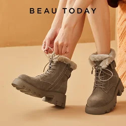 BeauToday stivali in pelle invernale donna pelle scamosciata di mucca punta tonda suola spessa cerniera laterale scarpe con plateau da donna in pelliccia calda fatte a mano A08216