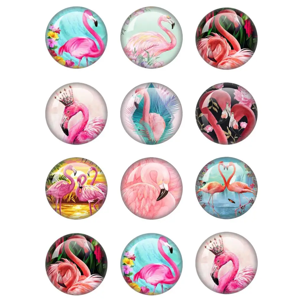 Beauty Pink Flamingo 10pcs Set 12mm/16mm/18mm/25mm Round Photo Glass Flat Back Making Findings Jewelry Findings