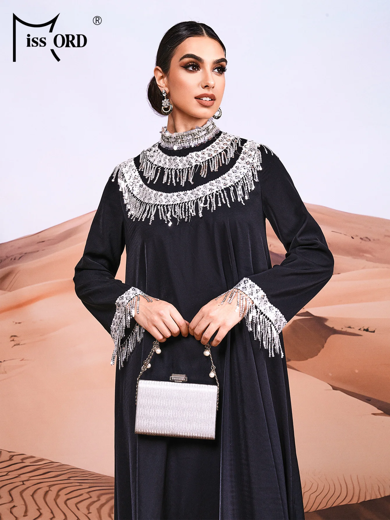 

Missord 2026 Muslim Ethnicity Style New Round Neck Long Sleeved A Line Black Tassel Evening Gown Formal Occasion Maxi Dresses