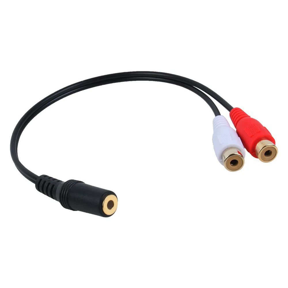 Pozłacane 3.5mm Jack żeńskie do 2 żeńskich podnośników Adapter Stereo rozdzielacz Audio RCA (15cm) czarne