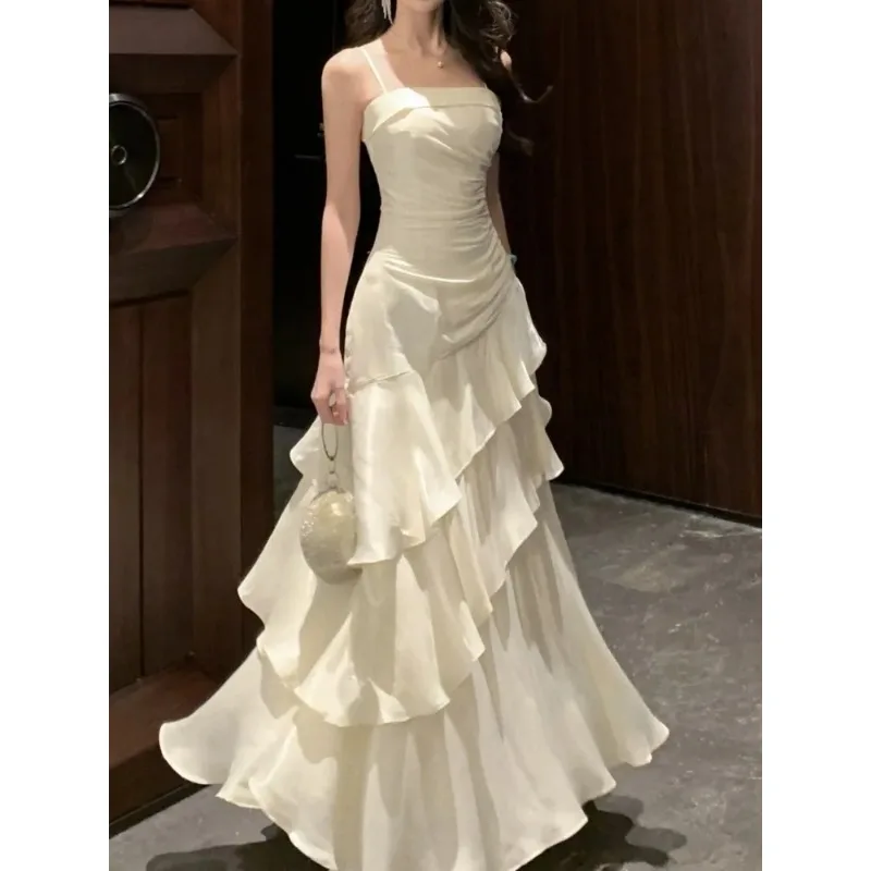 Francês elegante plissado borda camisola vestido de sereia feminino vestido de dança em camadas 2025 verão moda novo colete