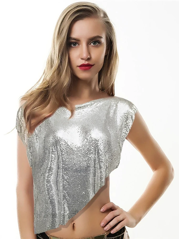 Fantoye Silver Sexy Metal Short Sleeve Women's T-shirts O Neck Asymmetry Back Hollow Out Tops Clubwear Shine Sequins Hot T Shirt