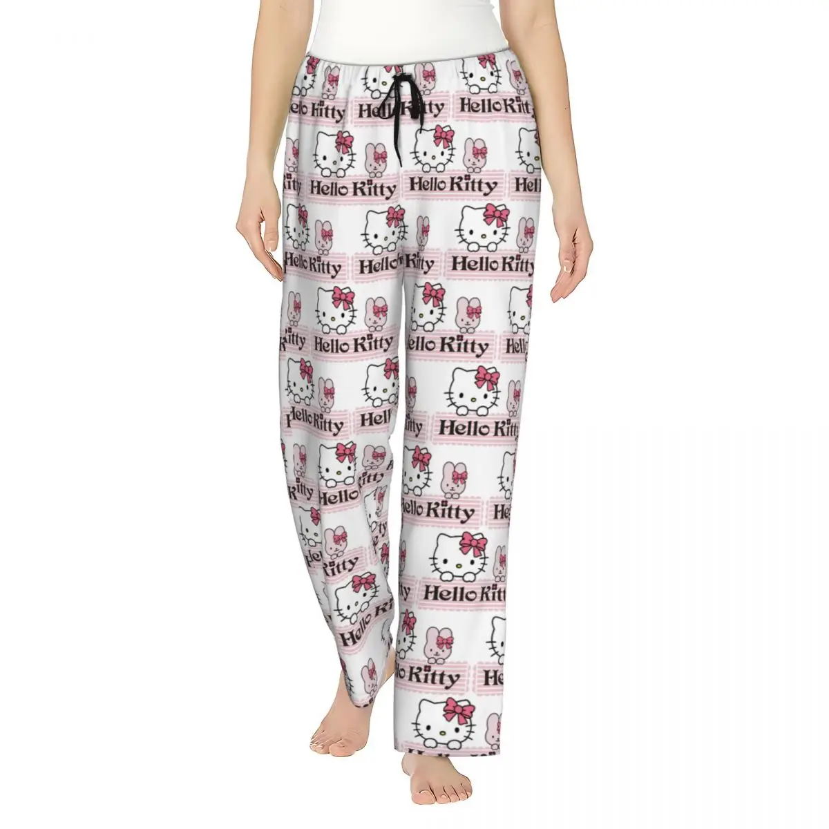 Custom Cartoon Anime Hello Kitty Bow Pajama Pants for Women Sleepwear Lounge Sleep Bottoms Stretch with Pockets