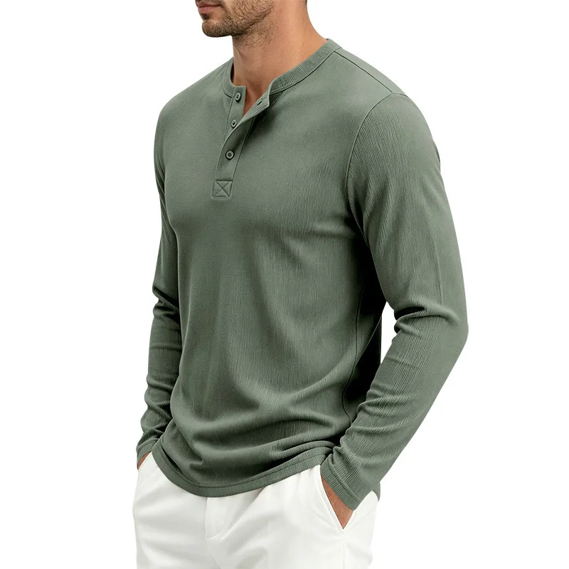 Waffle Henry Long-Sleeve T-Shirt - Simple Solid Button Collar Casual Men's Base Layer Shirt